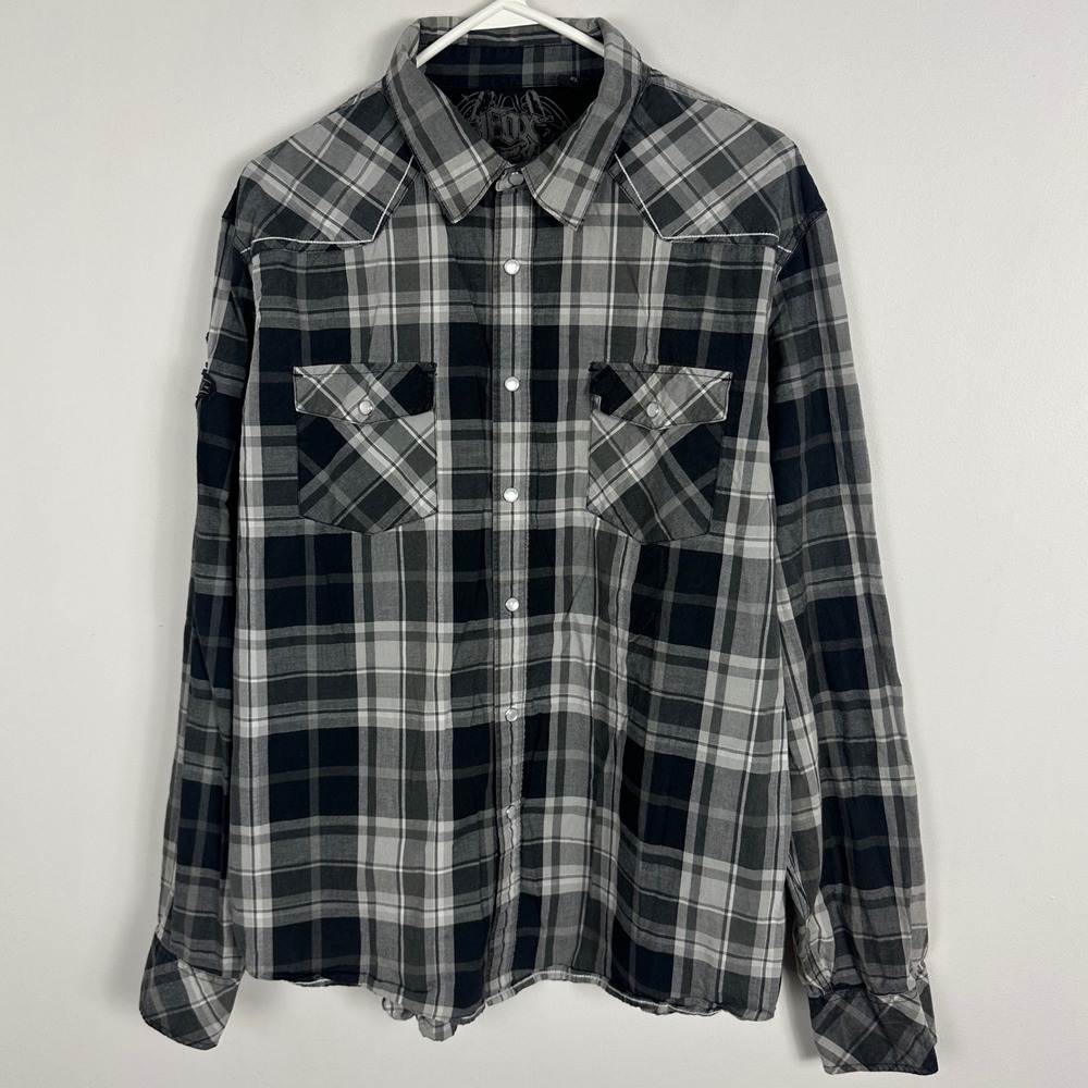 Fox Racing Pearl Snap Button Down Plaid Shirt Mens Size‎ XL Black Grey  Collared
